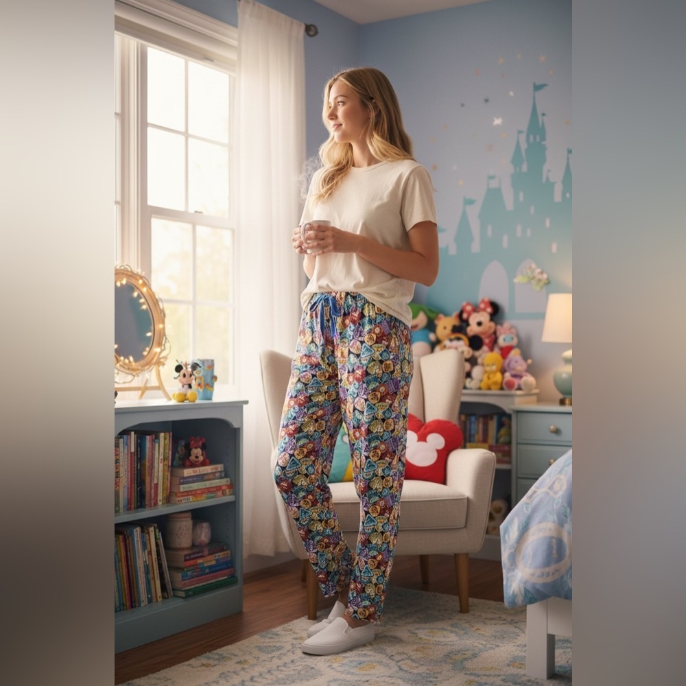 ✨ Disneyland Ride Attractions Allover Print Pajama Pants, Large, NWT ✨